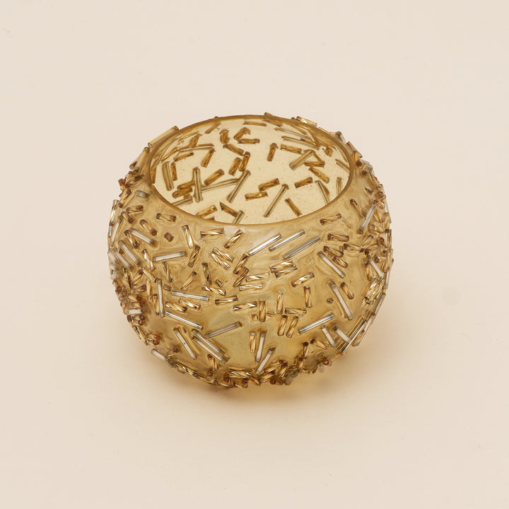 Set of 4 Gold Beaded Rod Globe Glass Votive Candle Holders | Handcrafted Radiant Glow Design Tealight Holders