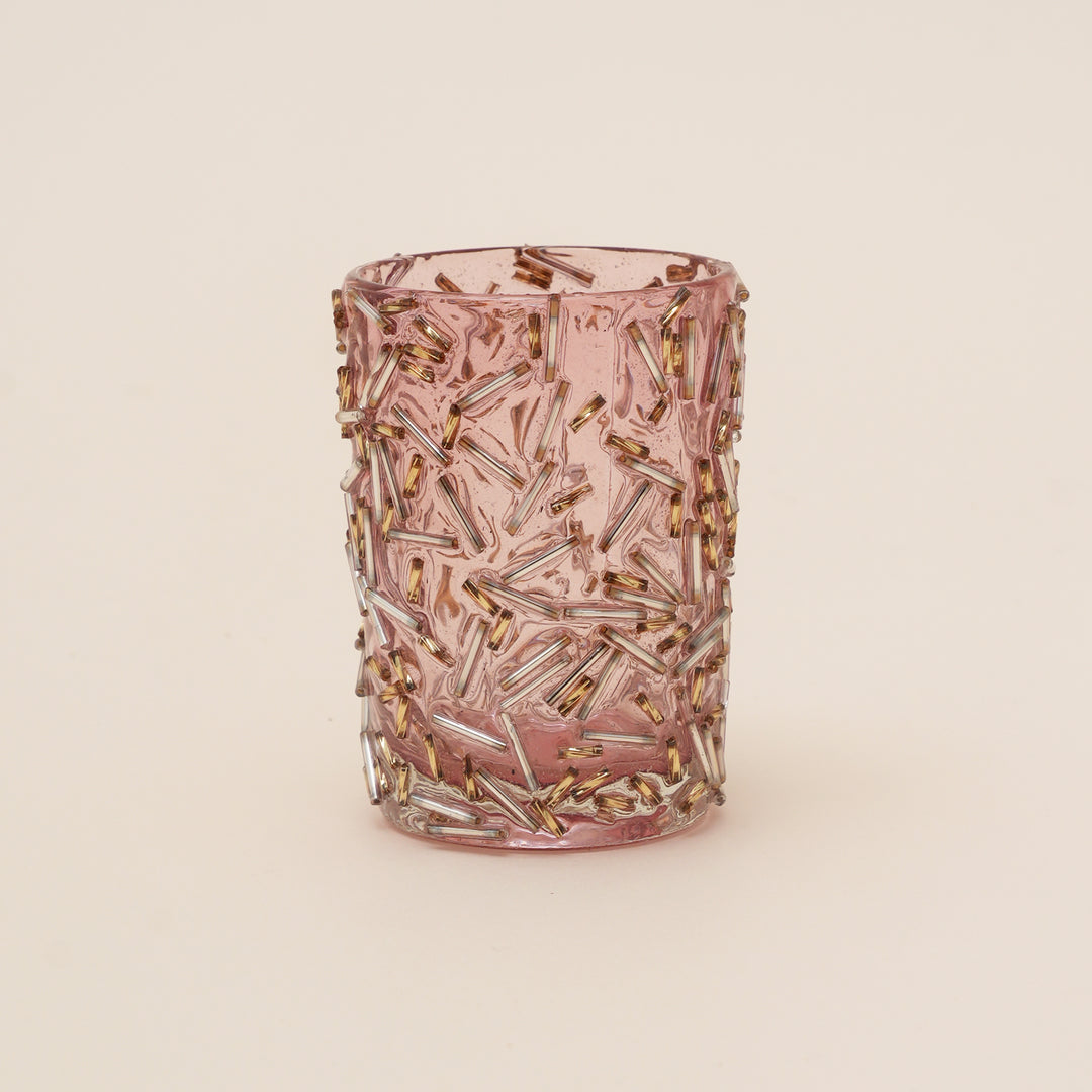 Set of 4 Gold Beaded Rod Cylinder Glass Votive Candle Holders | Handcrafted Sleek Luxe Design