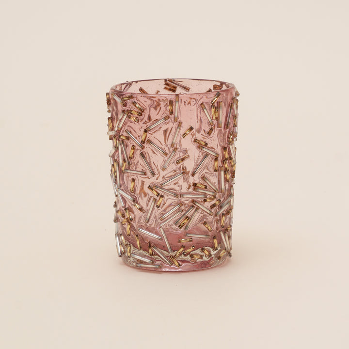 Set of 4 Gold Beaded Rod Cylinder Glass Votive Candle Holders | Handcrafted Sleek Luxe Design