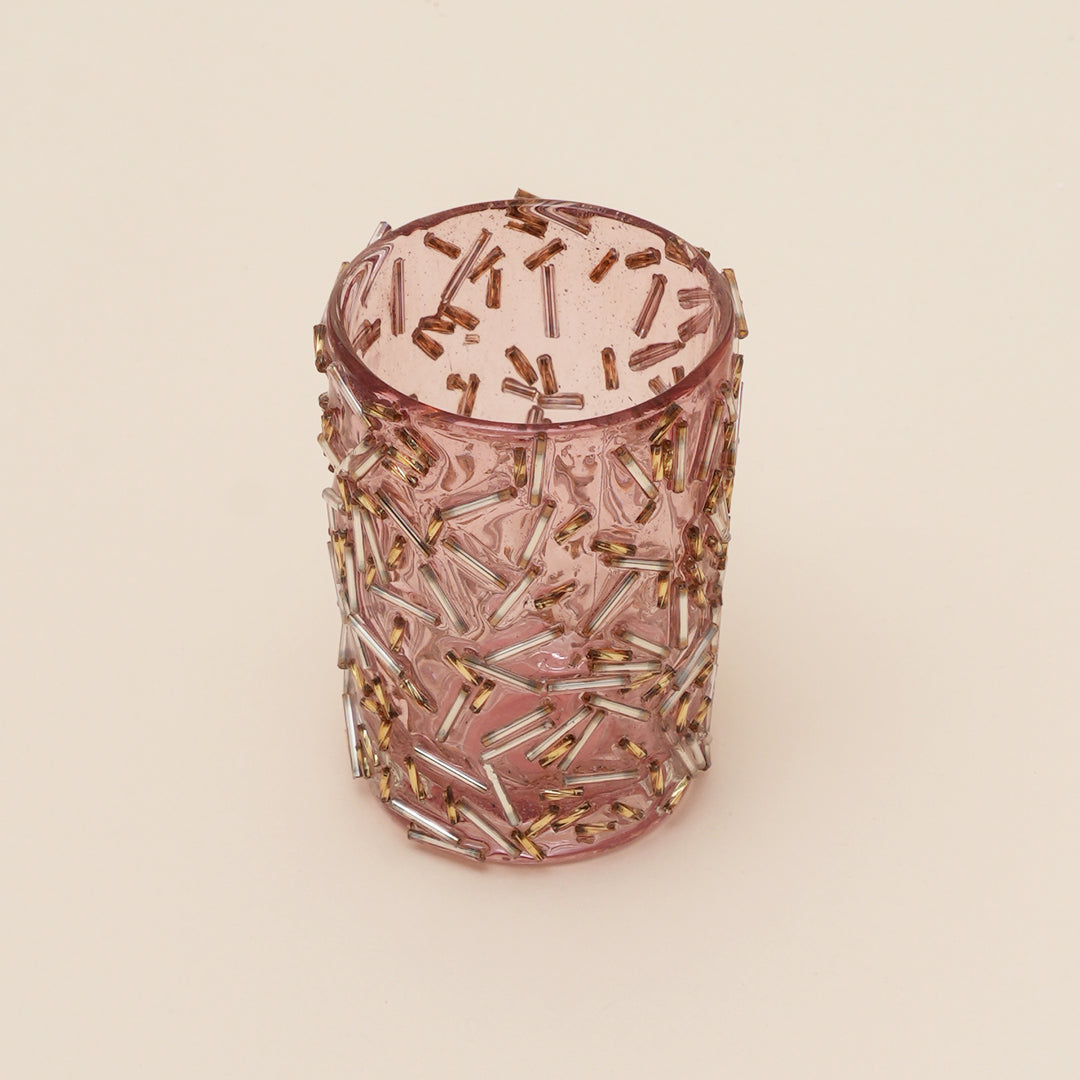 Set of 4 Gold Beaded Rod Cylinder Glass Votive Candle Holders | Handcrafted Sleek Luxe Design
