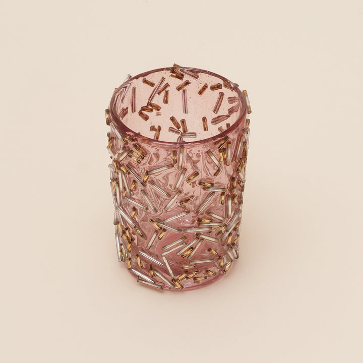 Set of 4 Gold Beaded Rod Cylinder Glass Votive Candle Holders | Handcrafted Sleek Luxe Design