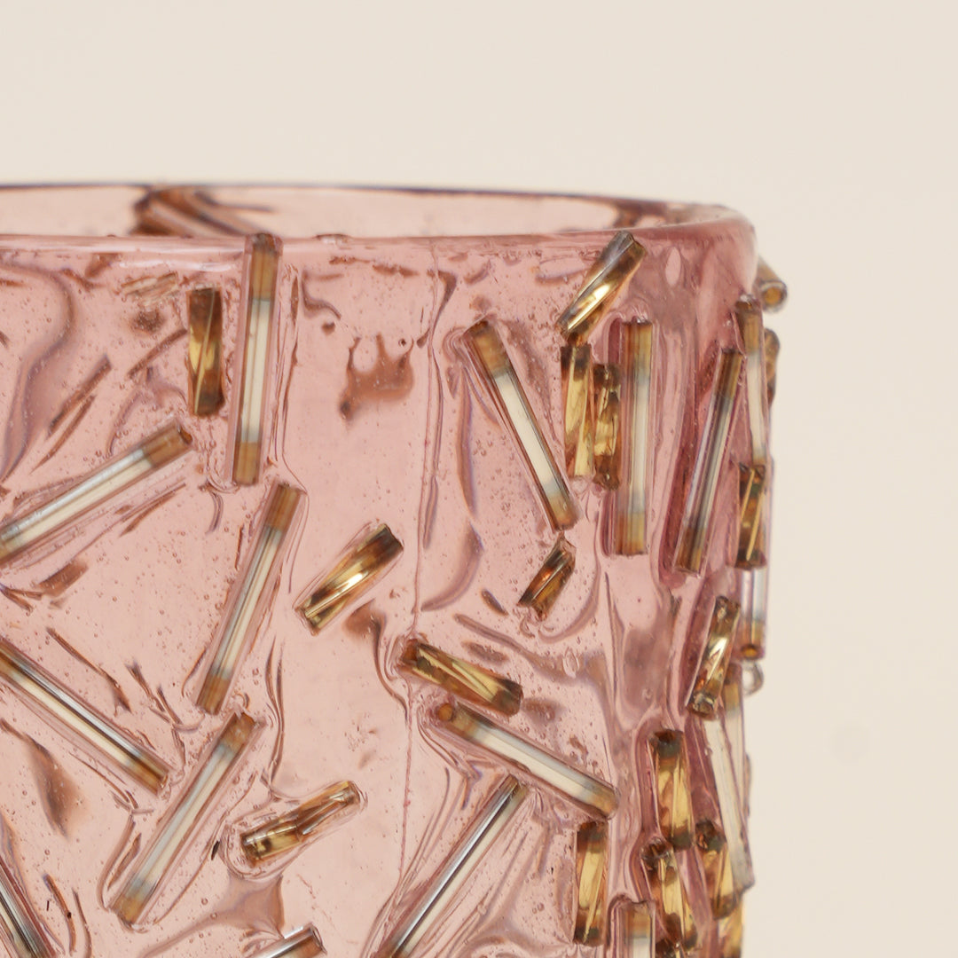 Set of 4 Gold Beaded Rod Cylinder Glass Votive Candle Holders | Handcrafted Sleek Luxe Design