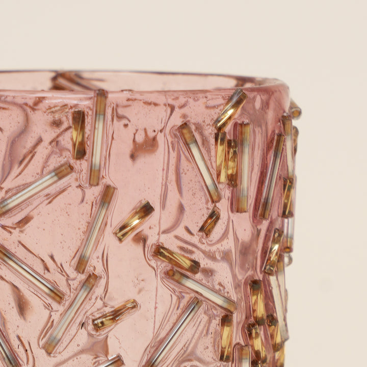 Set of 4 Gold Beaded Rod Cylinder Glass Votive Candle Holders | Handcrafted Sleek Luxe Design