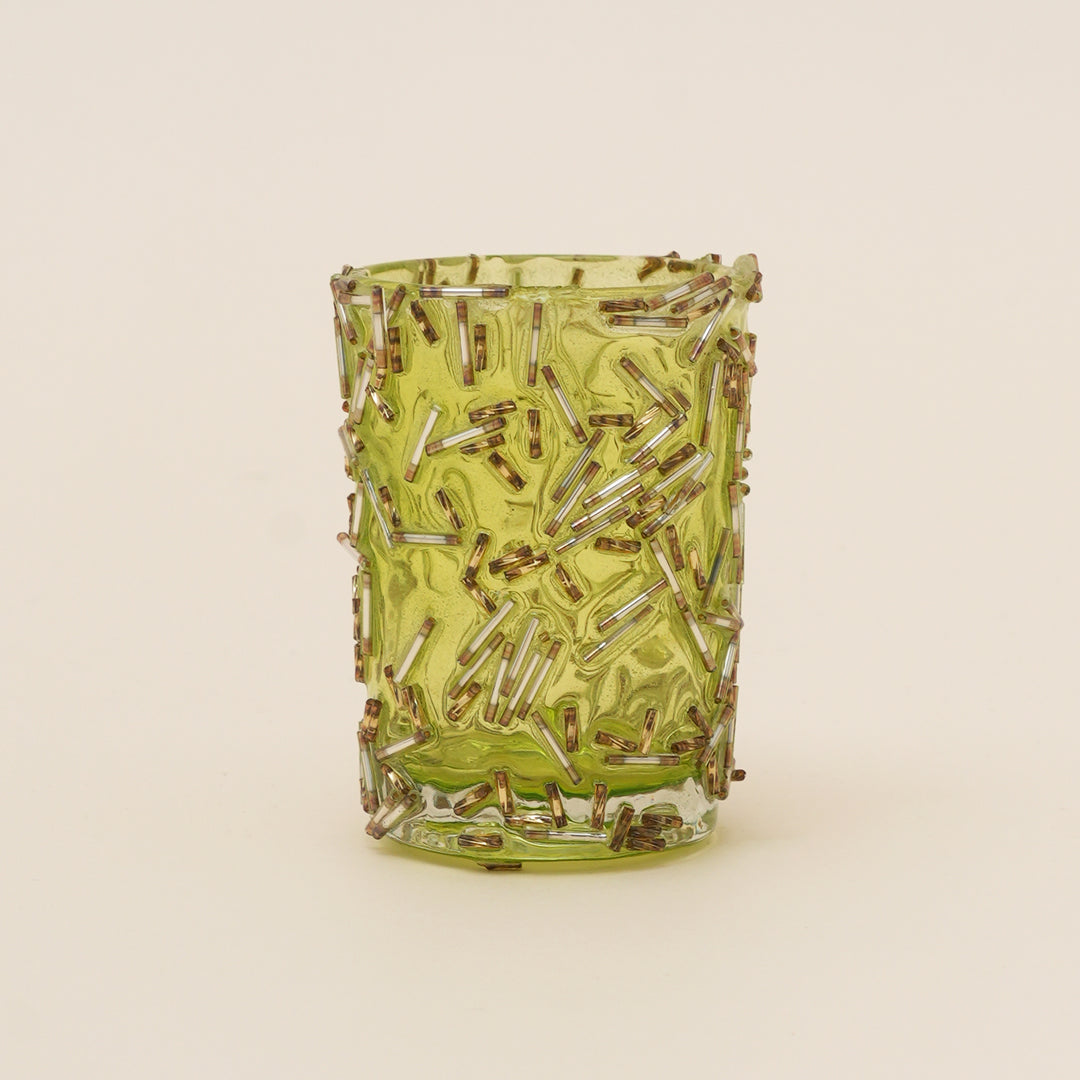 Set of 4 Gold Beaded Rod Cylinder Glass Votive Candle Holders | Handcrafted Sleek Luxe Design