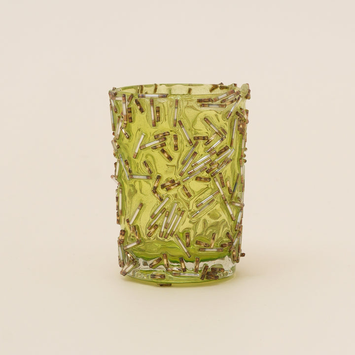 Set of 4 Gold Beaded Rod Cylinder Glass Votive Candle Holders | Handcrafted Sleek Luxe Design