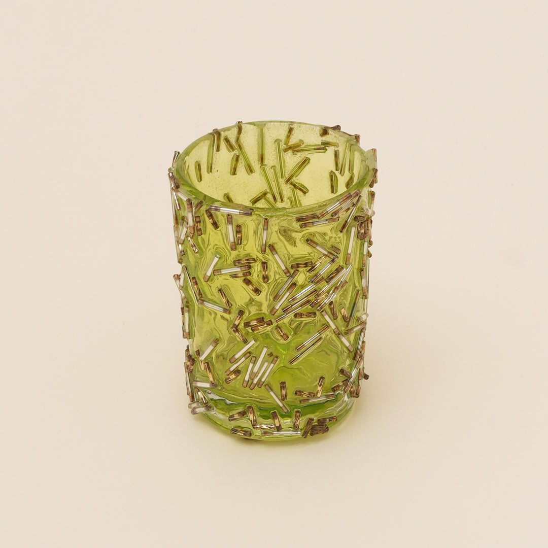 Set of 4 Gold Beaded Rod Cylinder Glass Votive Candle Holders | Handcrafted Sleek Luxe Design