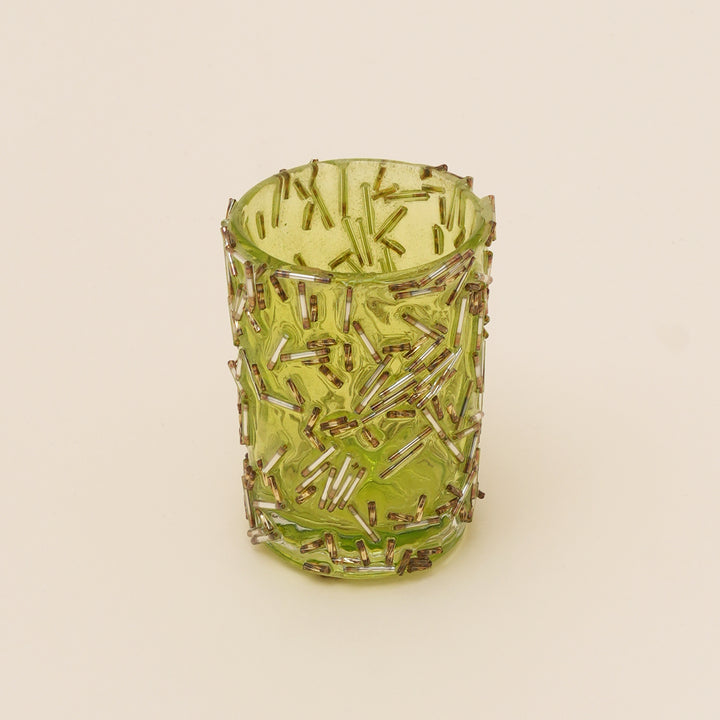 Set of 4 Gold Beaded Rod Cylinder Glass Votive Candle Holders | Handcrafted Sleek Luxe Design
