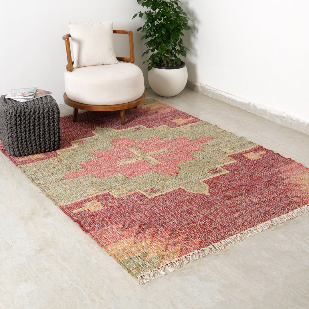 Hand Woven Kilim Rug – Jute & Cotton | Red & Natural