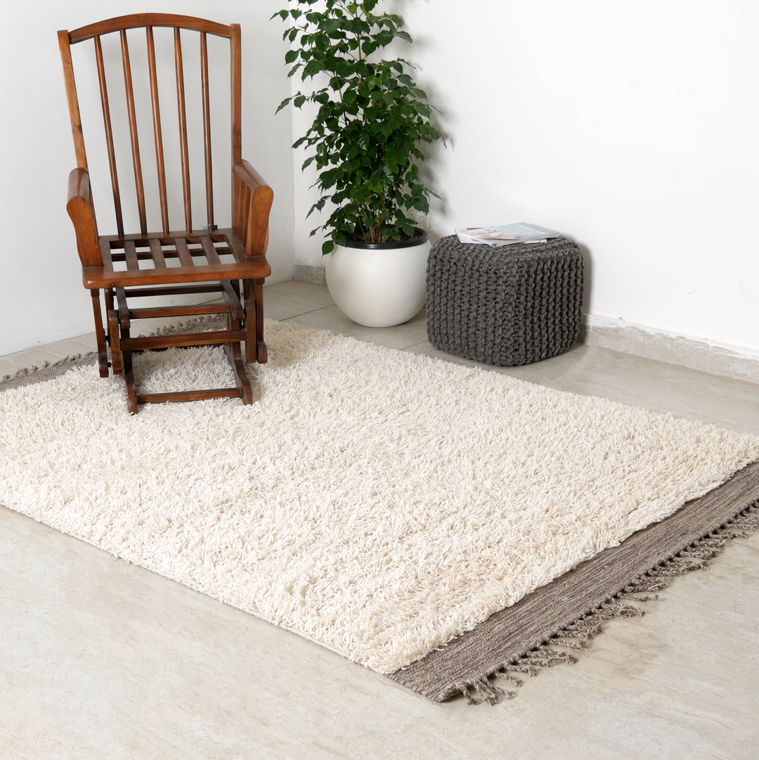 Hand Woven Berber Rug – Wool & Cotton | White & Grey