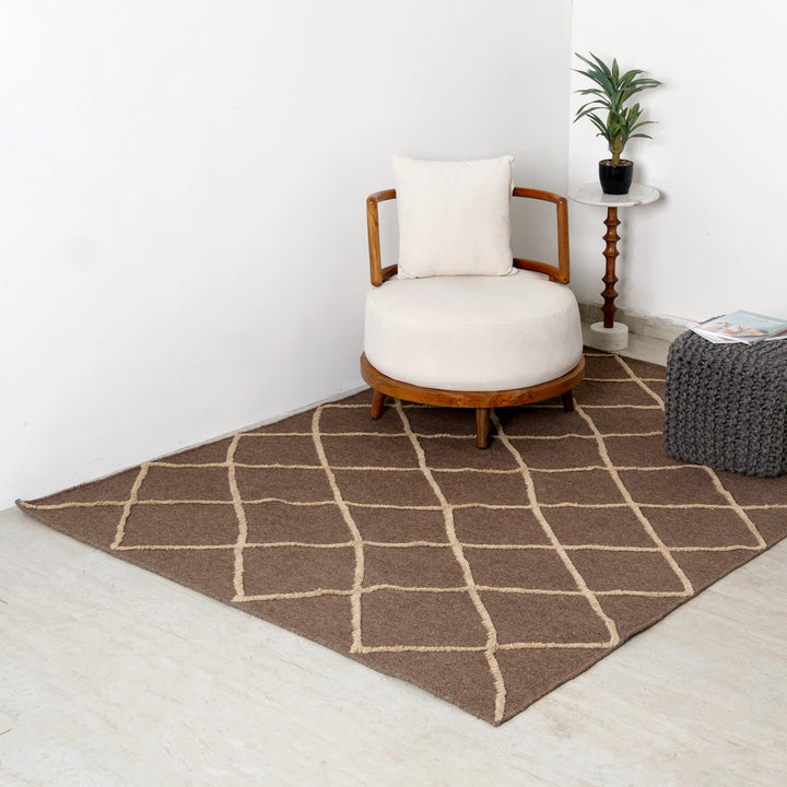 Hand Woven Lattice Rug – Wool & Cotton | Dark Brown