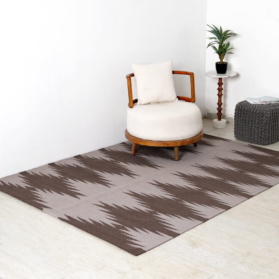 Hand Woven Ikkat Geometric Rug – Wool & Cotton | Natural Brown