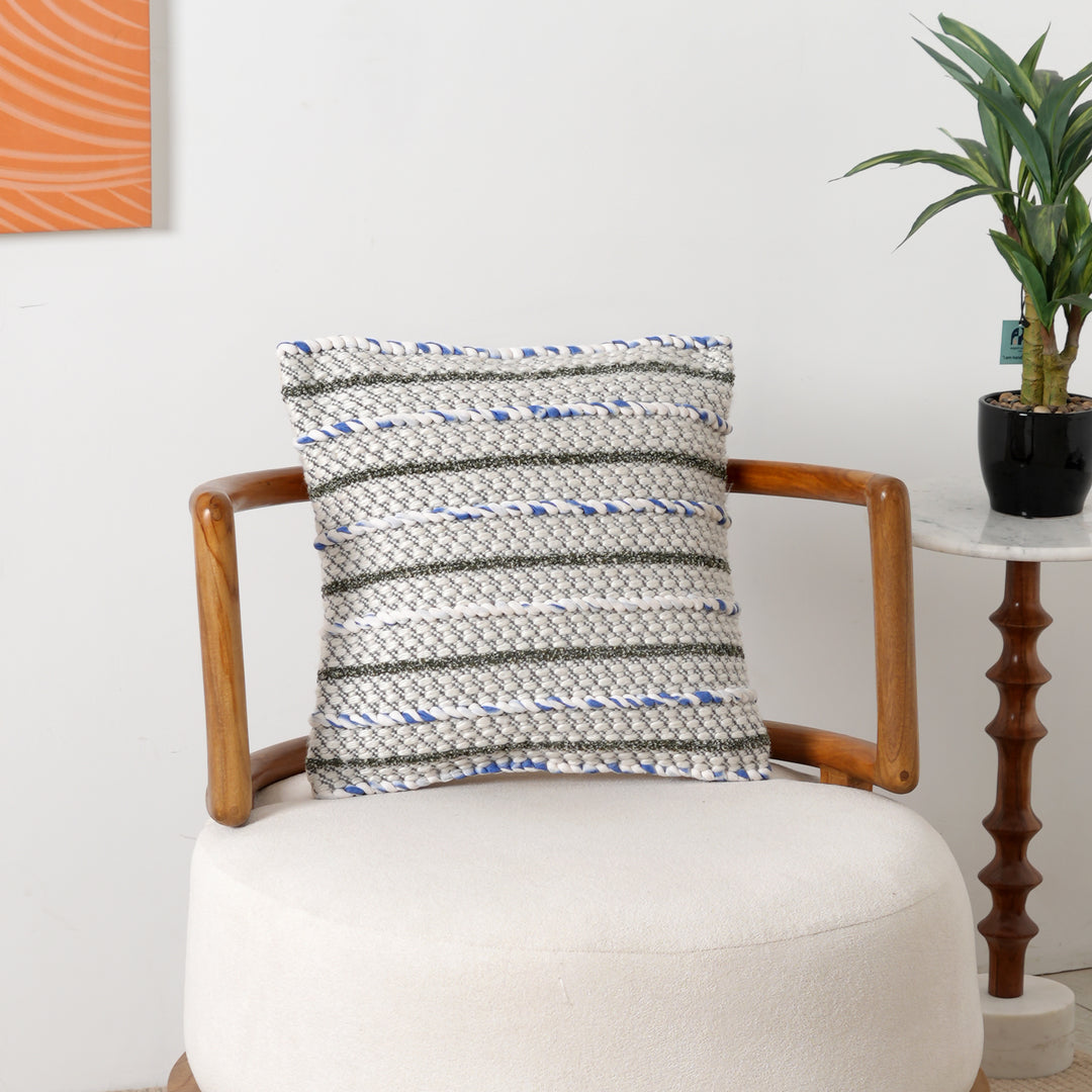 Ivory/Blue/Charcoal Handwoven Cushion – Decorative Throw Pillow for Sofa, Armchair, and Bed