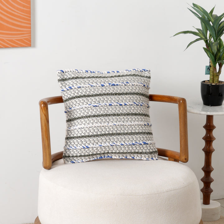 Ivory/Blue/Charcoal Handwoven Cushion – Decorative Throw Pillow for Sofa, Armchair, and Bed