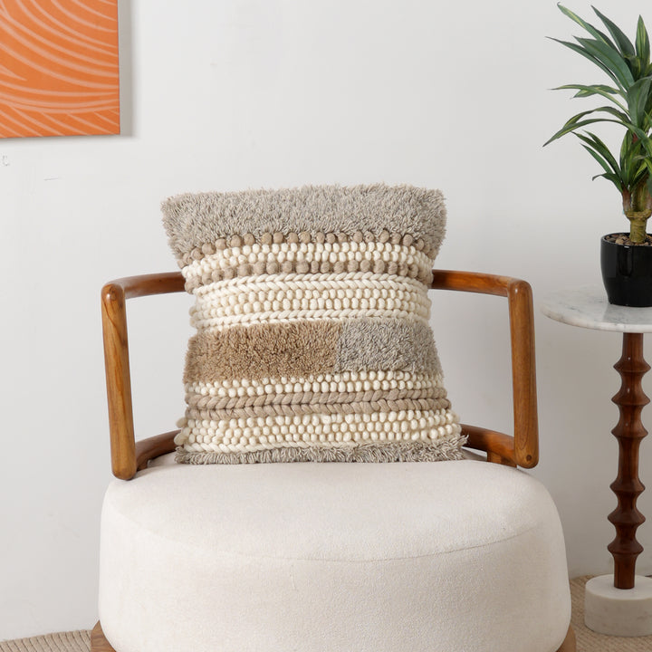 Beige/Grey Handwoven Cushion – Decorative Throw Pillow for Sofa, Armchair, and Bed