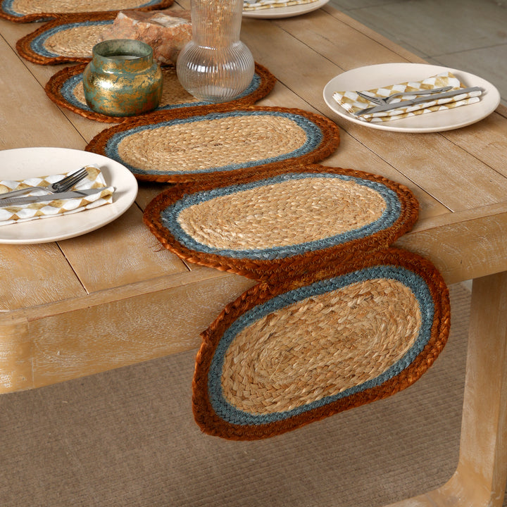 Rust/Blue Jute Braided Table Runner 14x72 in – Handcrafted Eco-Friendly Dining and Console Decor