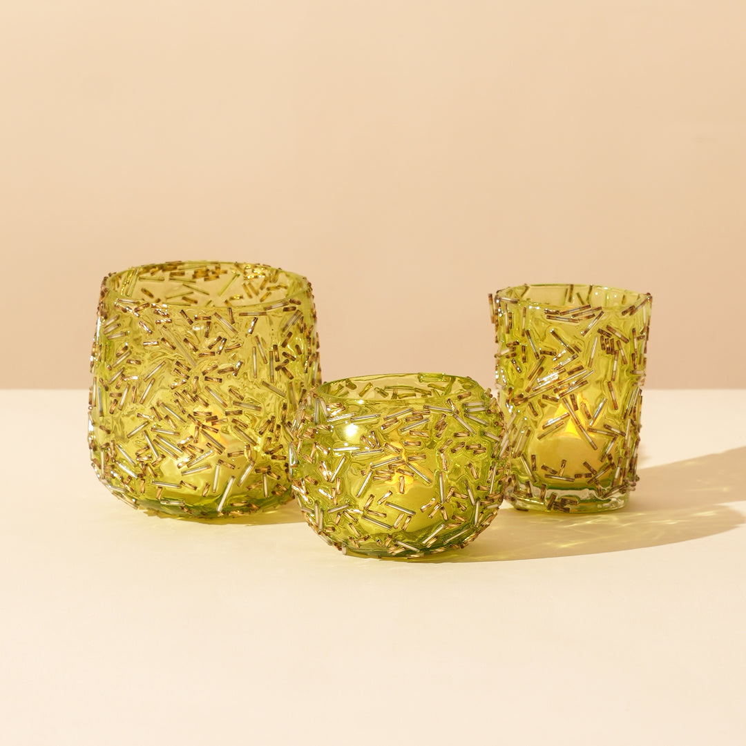 Set of 4 Gold Beaded Rod Tulip Glass Votive Candle Holders | Handcrafted Sleek Luxe Design