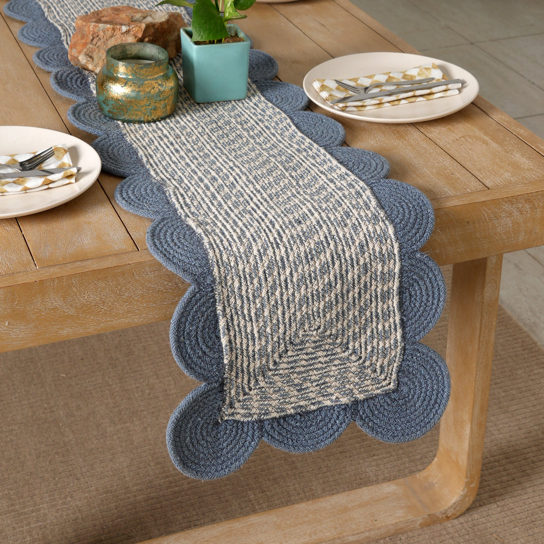 Blue Cotton Braided Table Runner 14x72 in – Handcrafted Natural Dining and Console Table Decor
