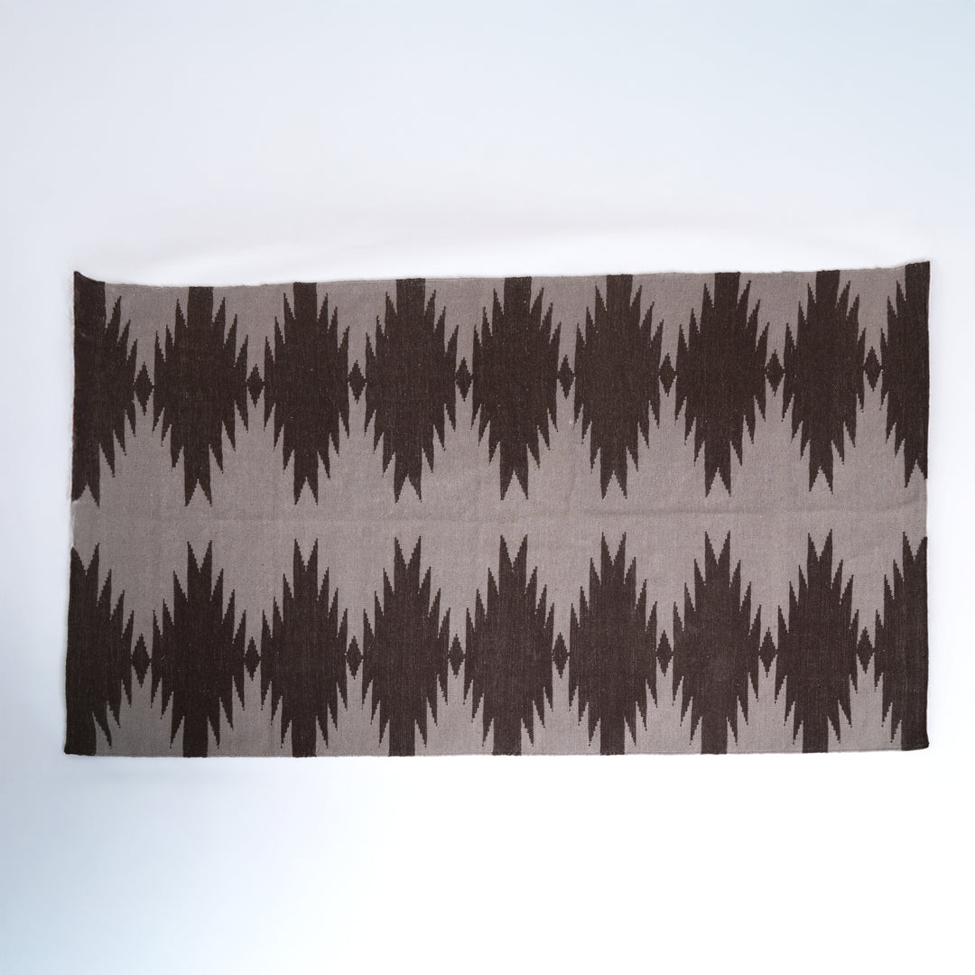 Hand Woven Ikkat Geometric Rug – Wool & Cotton | Natural Brown