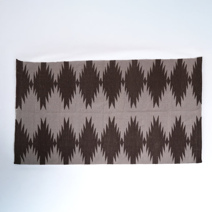 Hand Woven Ikkat Geometric Rug – Wool & Cotton | Natural Brown