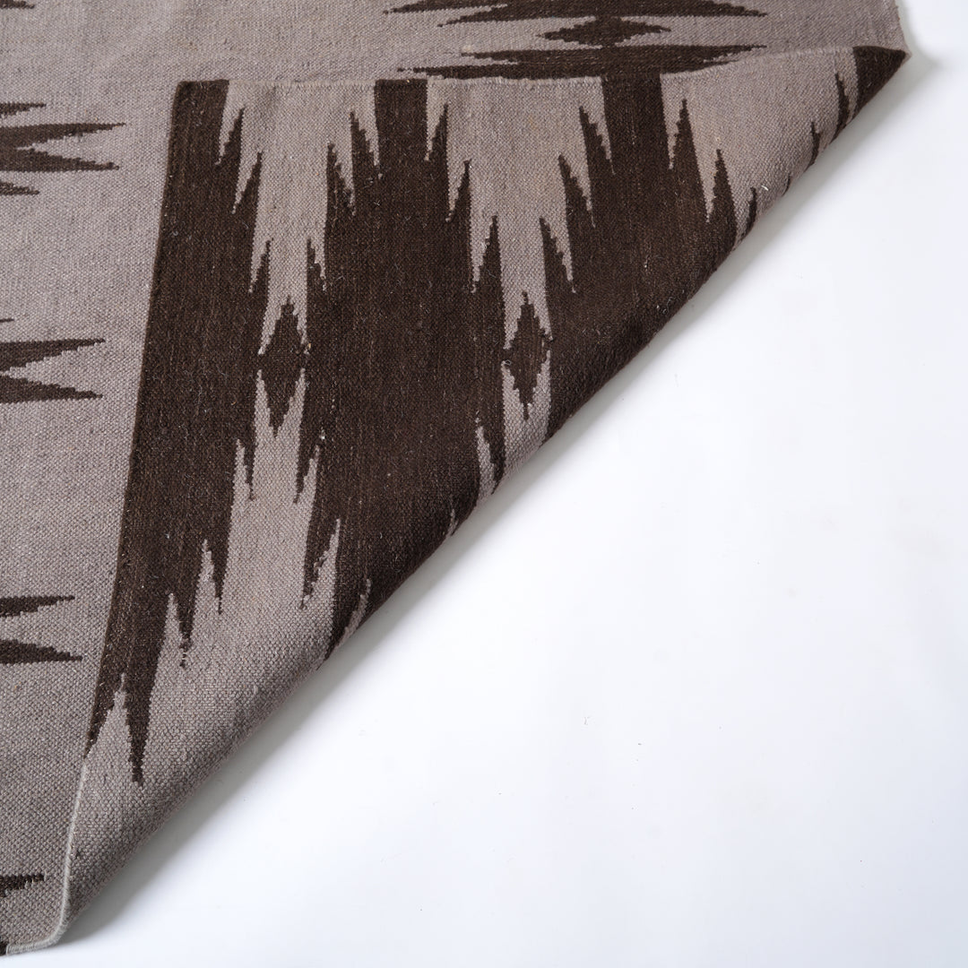 Hand Woven Ikkat Geometric Rug – Wool & Cotton | Natural Brown