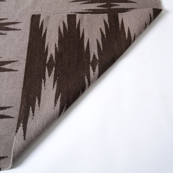 Hand Woven Ikkat Geometric Rug – Wool & Cotton | Natural Brown