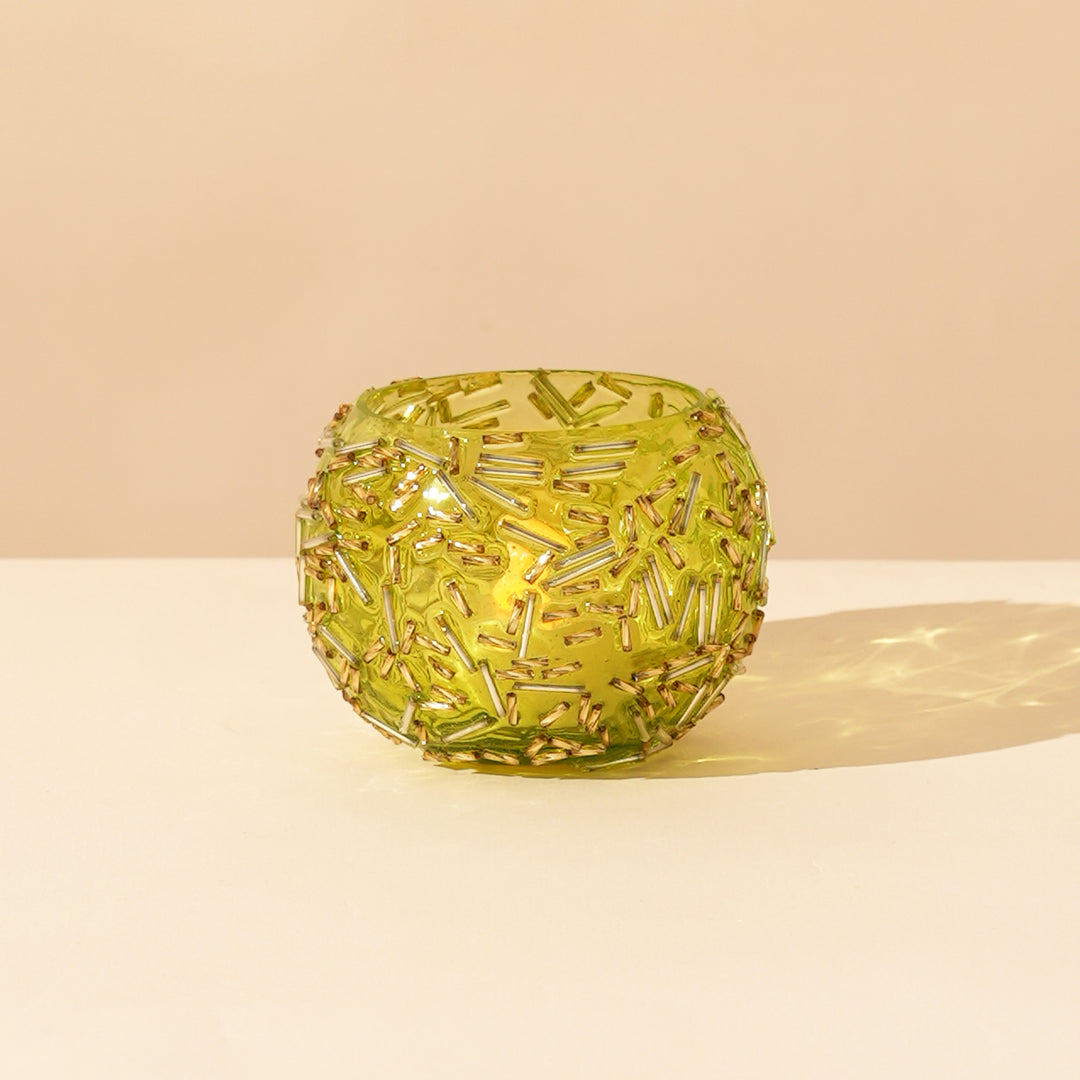 Set of 4 Gold Beaded Rod Globe Glass Votive Candle Holders | Handcrafted Radiant Glow Design Tealight Holders