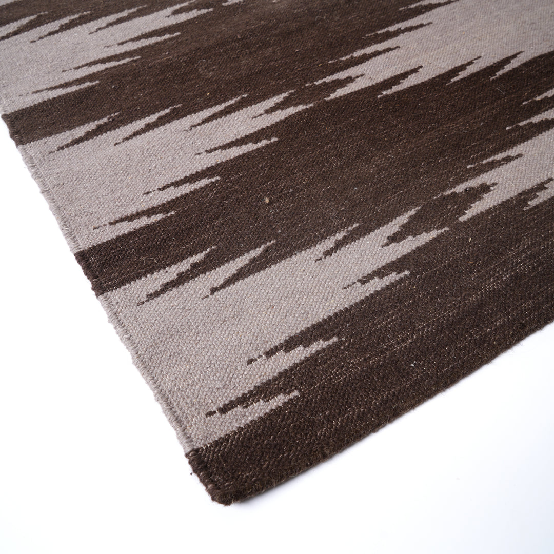 Hand Woven Ikkat Geometric Rug – Wool & Cotton | Natural Brown