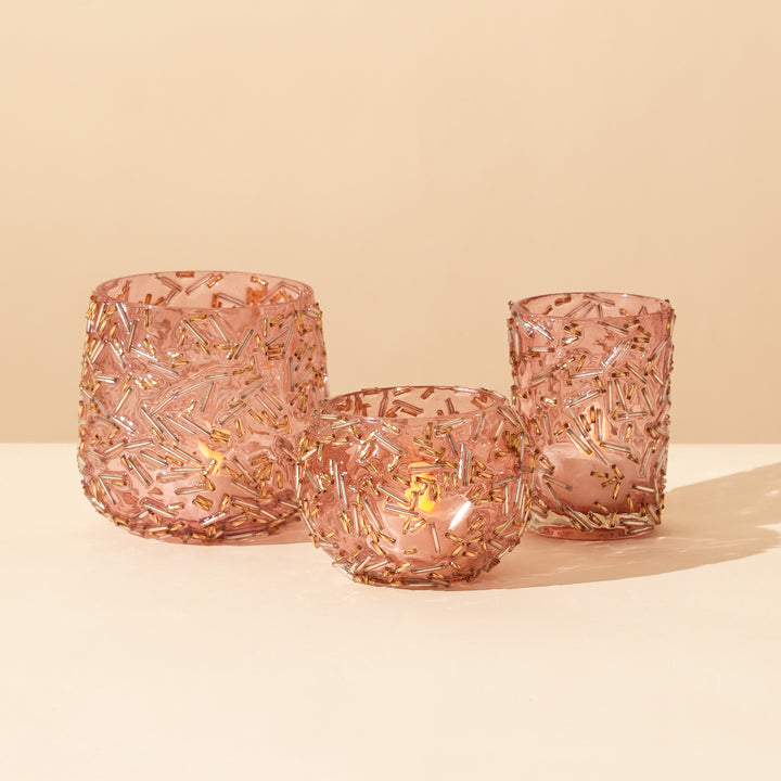 Set of 4 Gold Beaded Rod Tulip Glass Votive Candle Holders | Handcrafted Sleek Luxe Design