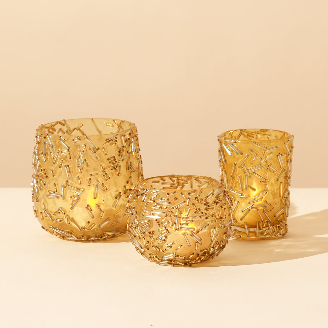 Set of 4 Gold Beaded Rod Globe Glass Votive Candle Holders | Handcrafted Radiant Glow Design Tealight Holders