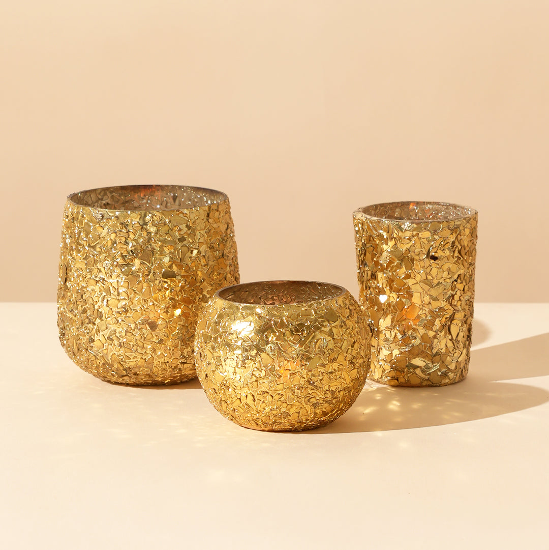 Set of 4 Gold Mosaic Cylinder Glass Votive Candle Holders | Handcrafted Shimmer Tile Design