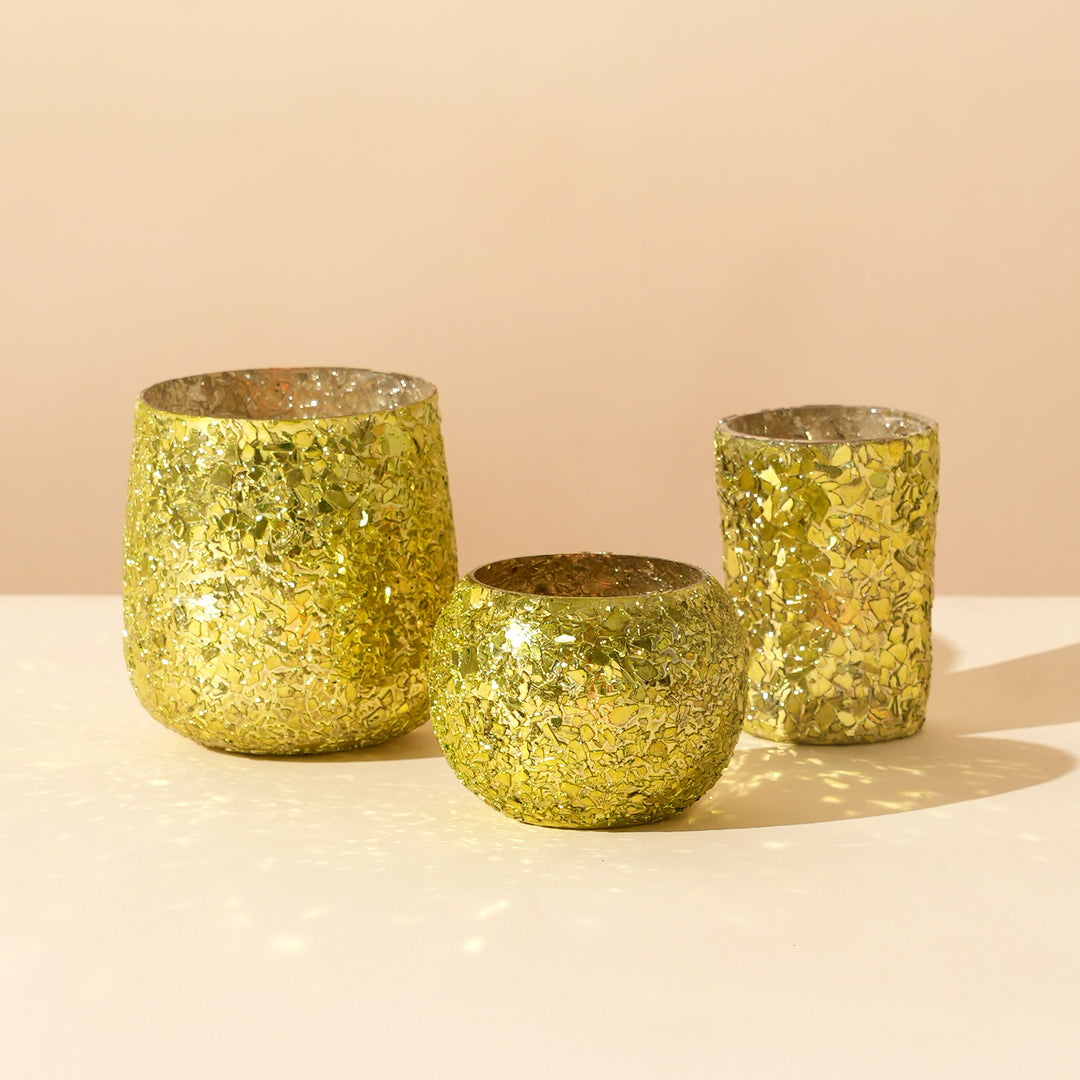 Set of 4 Gold Mosaic Globe Glass Votive Candle Holders | Handcrafted Glitter Crackle Design Tealight Holders