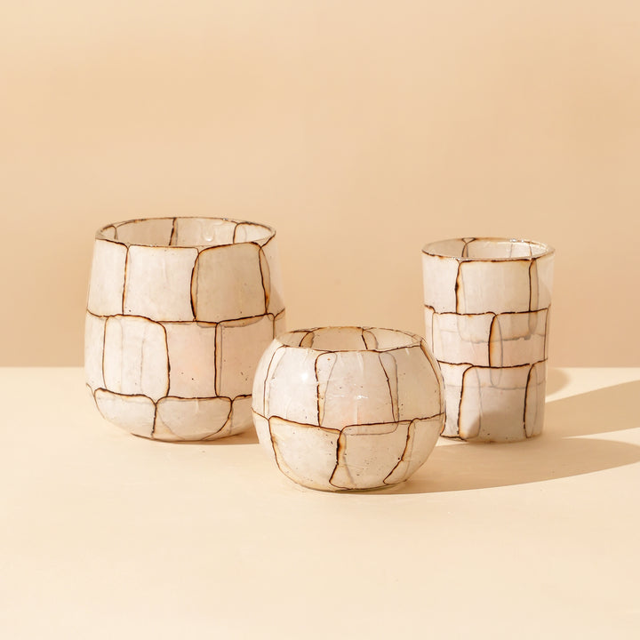 Set of 4 Neutral Harmony Burnt Paper Mosaic Tall Cylinder Glass Votive Candle Holders – Rustic White Finish