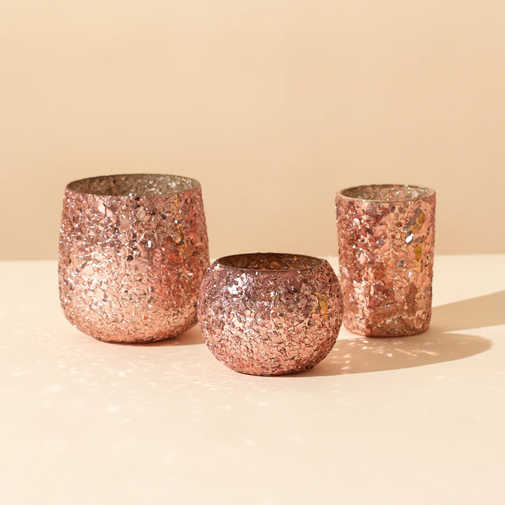 Set of 4 Gold Mosaic Cylinder Glass Votive Candle Holders | Handcrafted Shimmer Tile Design
