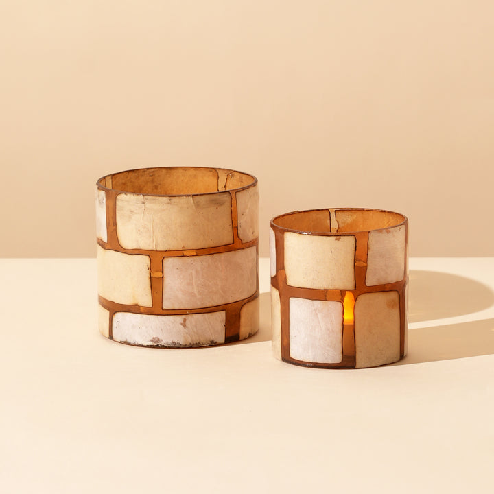 (Set of 4) Gilded Stone Mosaic Iron Votive Holder – Antique Gold Decorative Candle Holder