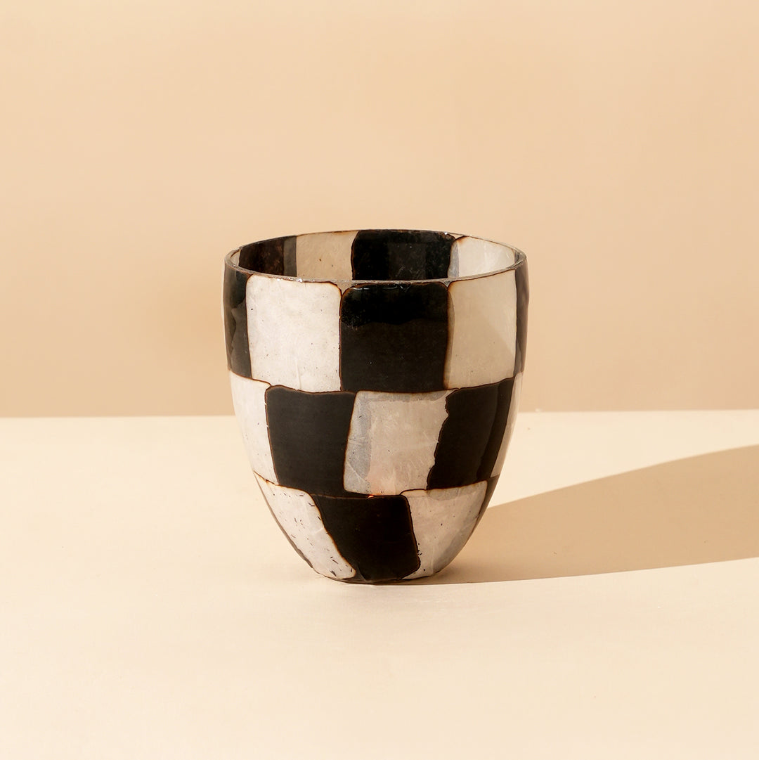 Courtly Checked Glass Votive Holder – Black & Ivory Checkerboard Candle Holder