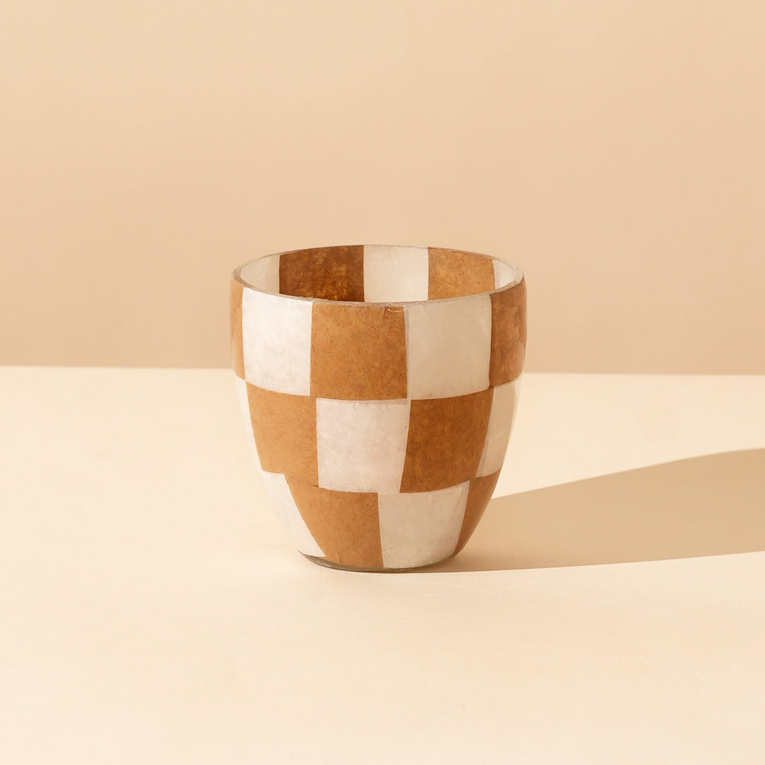 Mocha Checkered Glass Votive Holder – Brown & Ivory Decorative Candle Holder