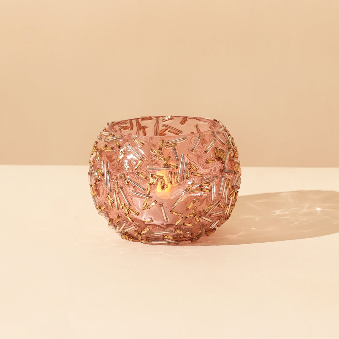 Set of 4 Gold Beaded Rod Globe Glass Votive Candle Holders | Handcrafted Radiant Glow Design Tealight Holders