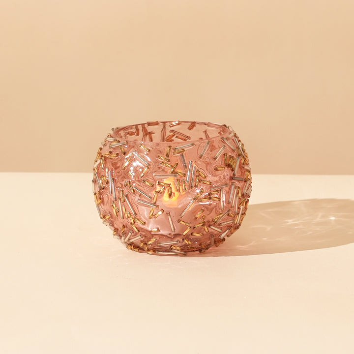 Set of 4 Gold Beaded Rod Globe Glass Votive Candle Holders | Handcrafted Radiant Glow Design Tealight Holders