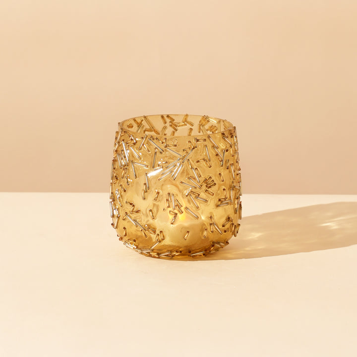 Set of 4 Gold Beaded Rod Tulip Glass Votive Candle Holders | Handcrafted Sleek Luxe Design