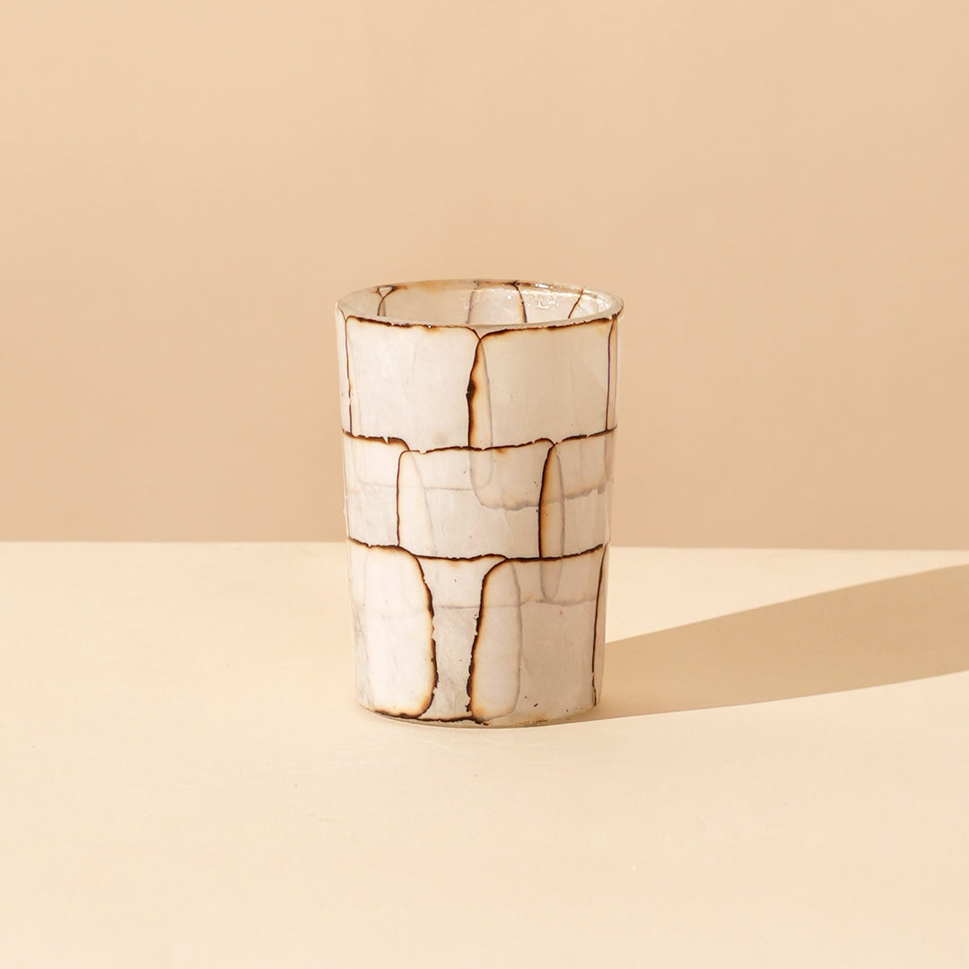 Set of 4 Neutral Harmony Burnt Paper Mosaic Tall Cylinder Glass Votive Candle Holders – Rustic White Finish