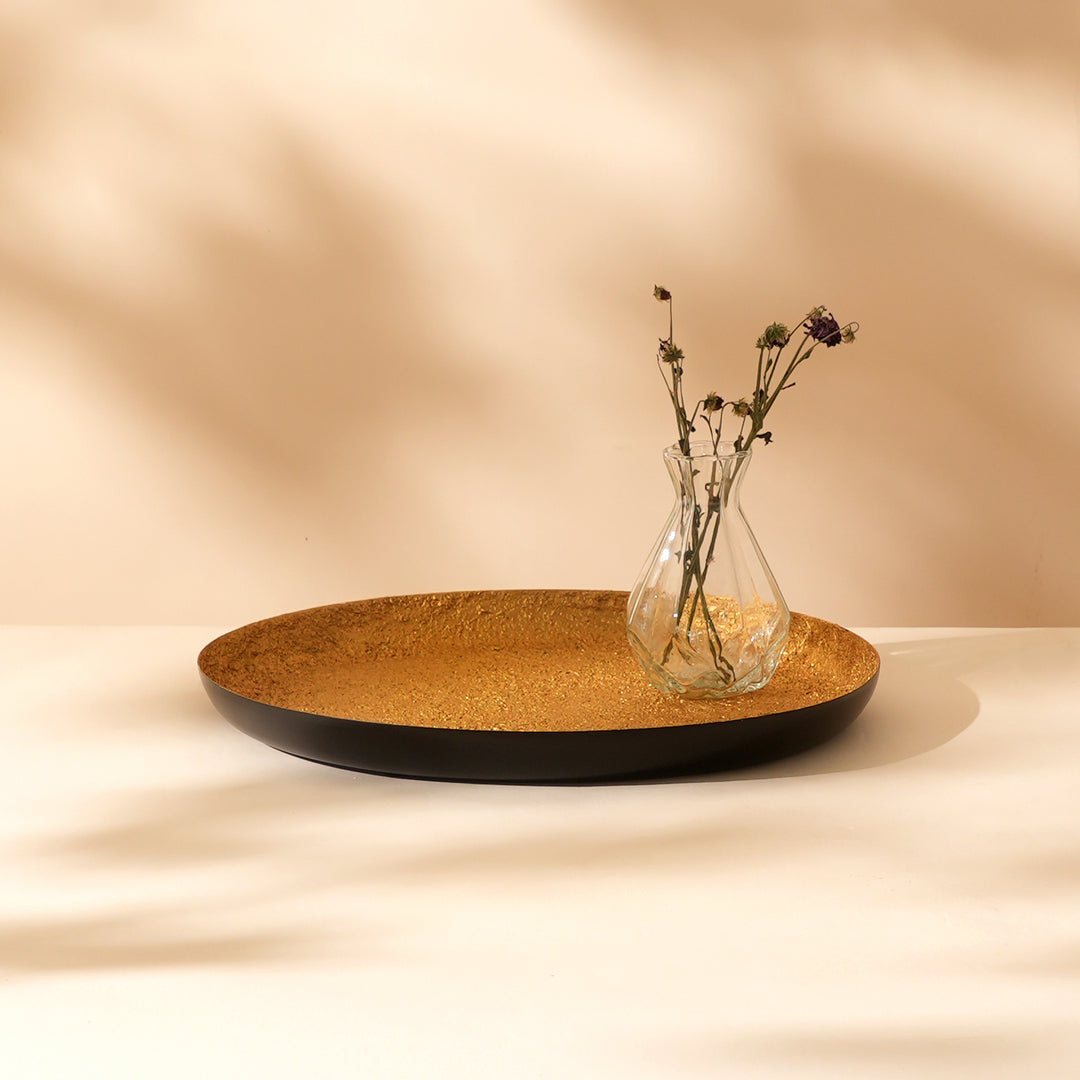 Antique Gold Hammered Round Iron Decorative Tray