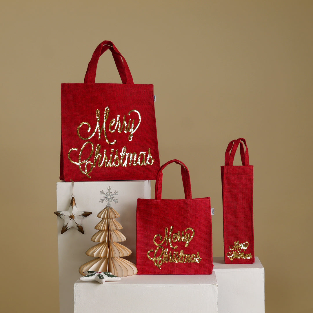 Premium Red Laminated Jute Gift Bag with Sparkling Sequin Design - Wine Bag