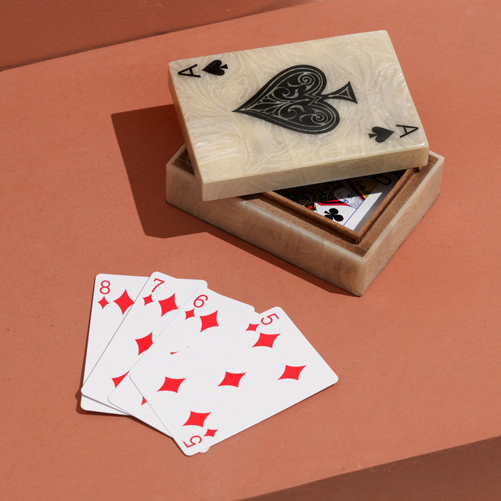 Pearl Spade Resin Playing Card Box – White & Black