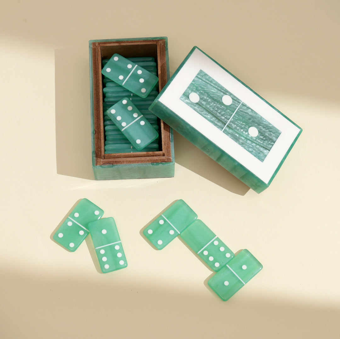 Elegant Green Resin Domino Set Box | MDF Storage Case