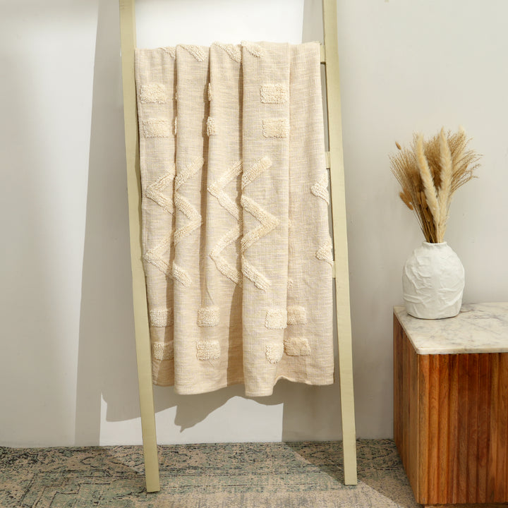 Loom Luxe Cotton Throw – Natural Beige Tufted 155 × 127 cm