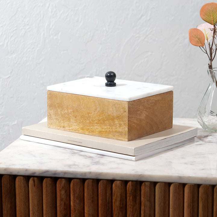 Kobe Small Decorative Storage Box Mango Wood White Marble Lid
