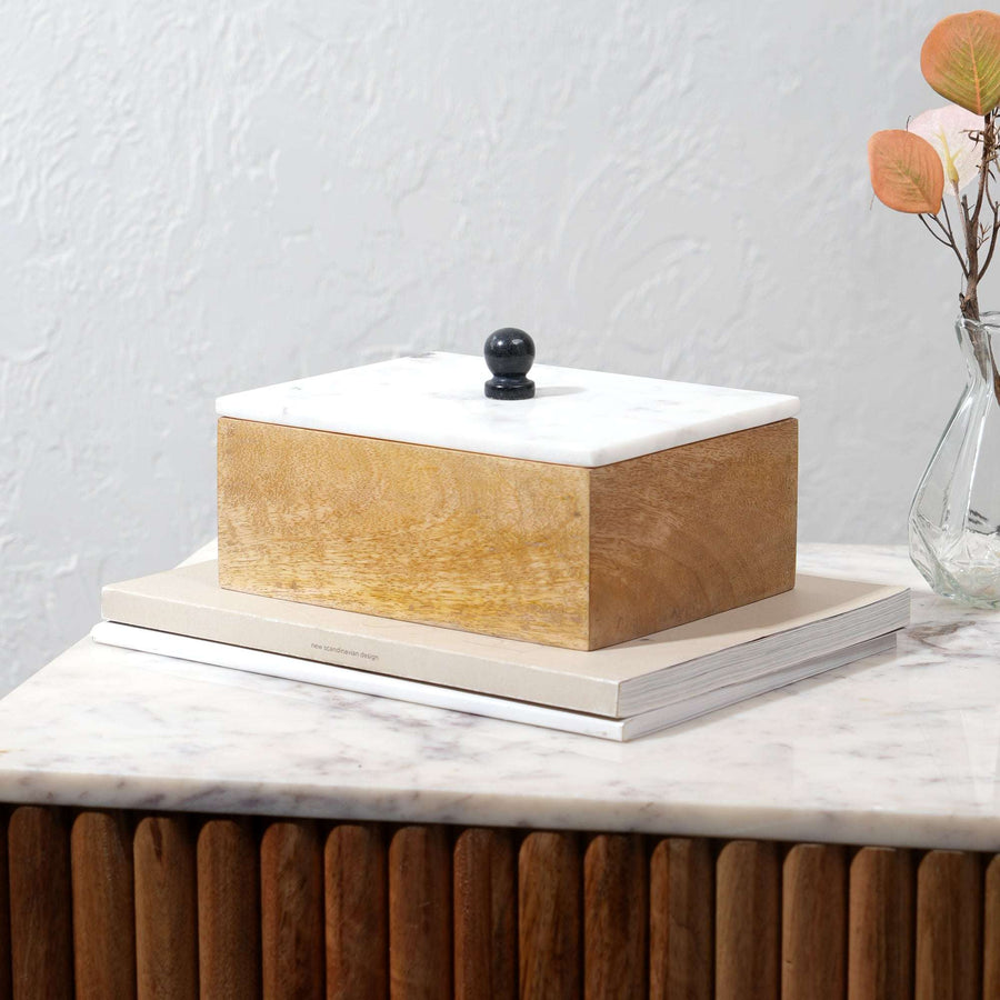 Kobe Small Decorative Storage Box Mango Wood White Marble Lid