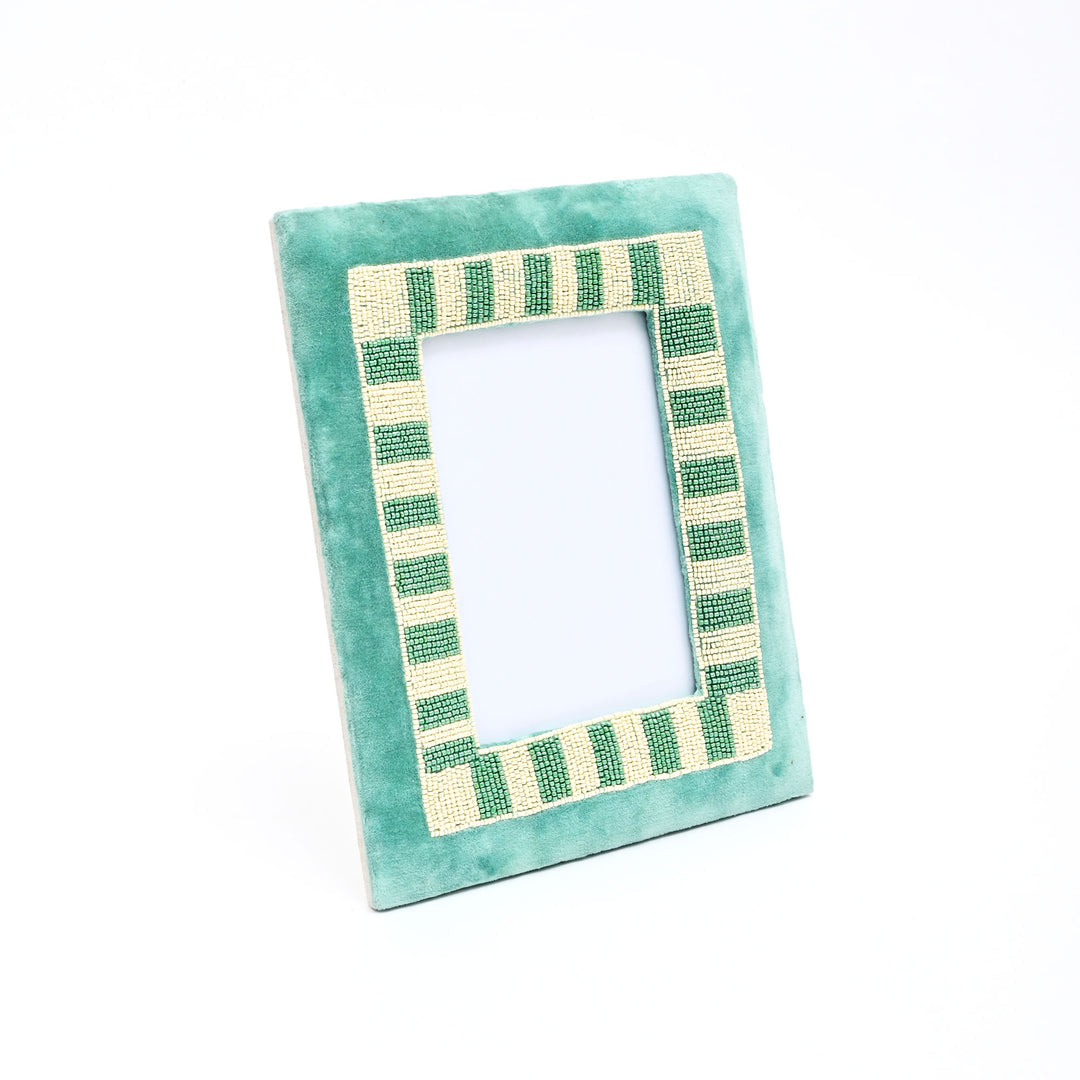 Sage Stripe Artisan Blue & Beige Beaded Embroidered 5x7 Photo Frame