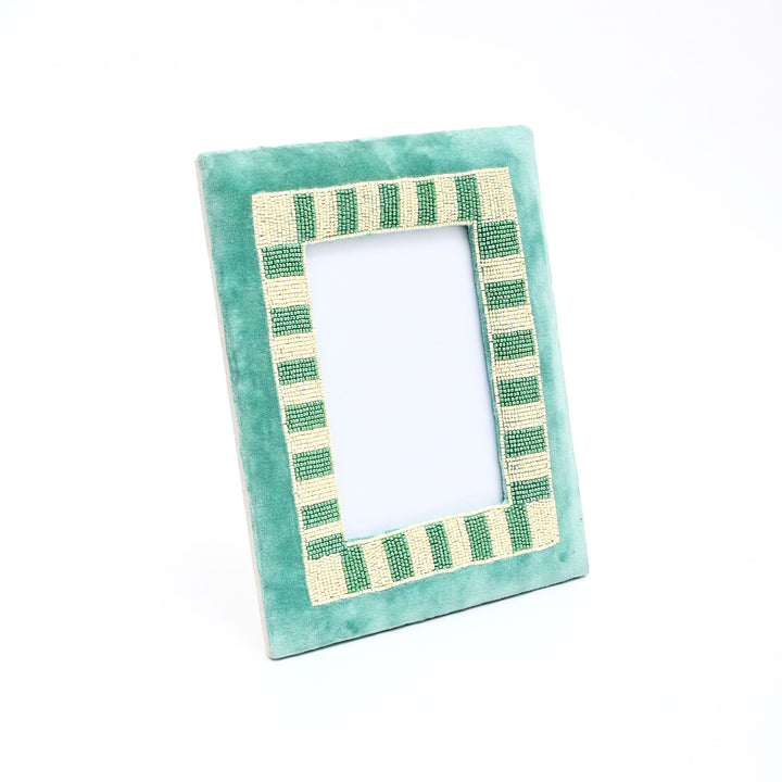Sage Stripe Artisan Blue & Beige Beaded Embroidered 5x7 Photo Frame