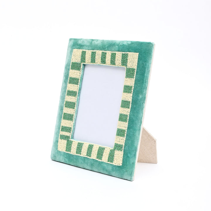 Sage Stripe Artisan Blue & Beige Beaded Embroidered 5x7 Photo Frame